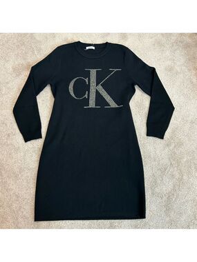 Calvin Klein Black Knit glitter logo tunic sweater Dress Sz L NWOT